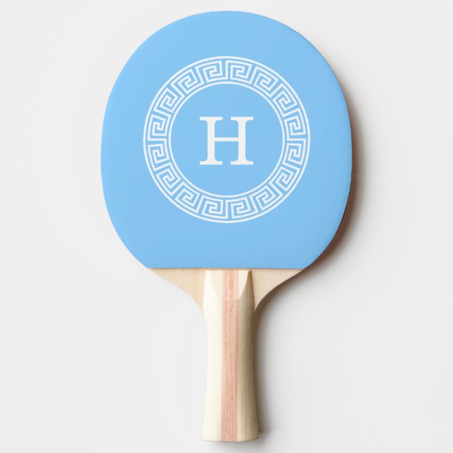 Sky Blue Wht Greek Key Rnd Frame Initial Monogram Ping Pong Paddle (Front)