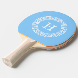 Sky Blue Wht Greek Key Rnd Frame Initial Monogram Ping Pong Paddle
