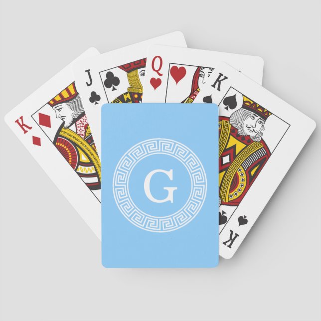 Sky Blue Wht Greek Key Rnd Frame Initial Monogram Playing Cards (Back)