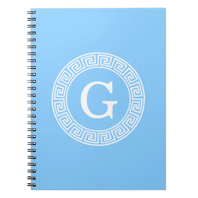 Sky Blue Wht Greek Key Rnd Frame Initial Monogram Spiral Notebook (Front)