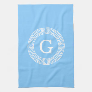 Sky Blue Wht Greek Key Rnd Frame Initial Monogram Tea Towel