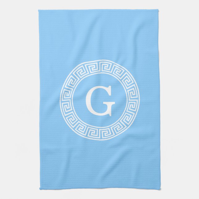 Sky Blue Wht Greek Key Rnd Frame Initial Monogram Tea Towel (Vertical)