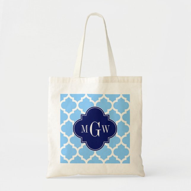 Sky Blue Wht Moroccan #5 Navy Blu 5c Name Monogram Tote Bag (Front)