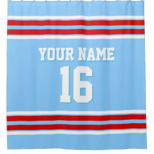 Sky Blue with Red White Stripes Sports Jersey Shower Curtain