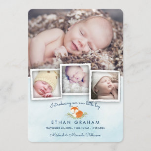 Sky Blue Woodland Fox Baby Boy Birth Announcement