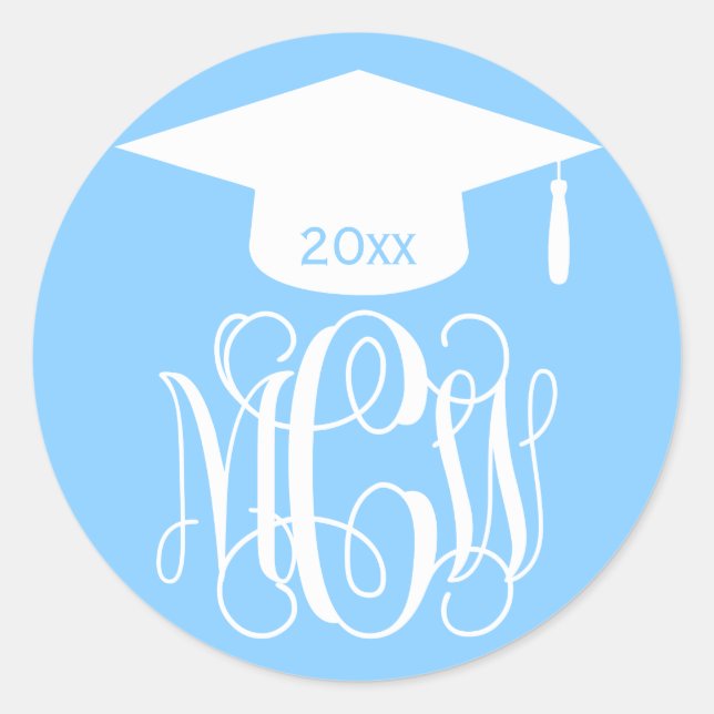 Sky Blue Wt Vine Script Monogram Graduation DIY BG Classic Round Sticker (Front)