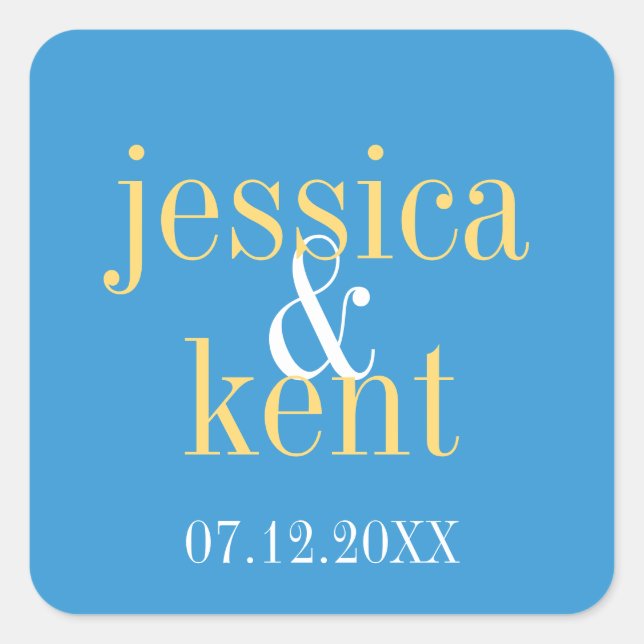 Sky blue yellow typography modern wedding favour square sticker (Front)