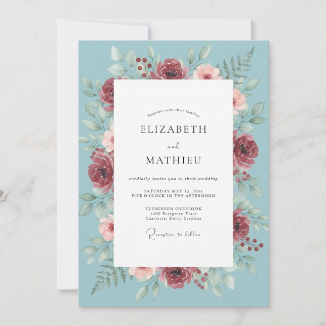 Sky Burgundy Peony Wedding Invitation (Front)