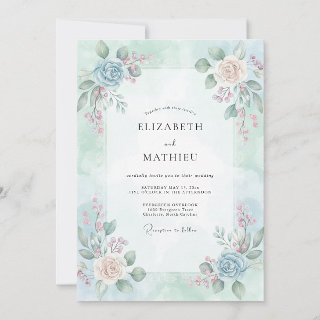 Sky Champagne Ranunculus Eucalyptus Wedding Invitation (Front)