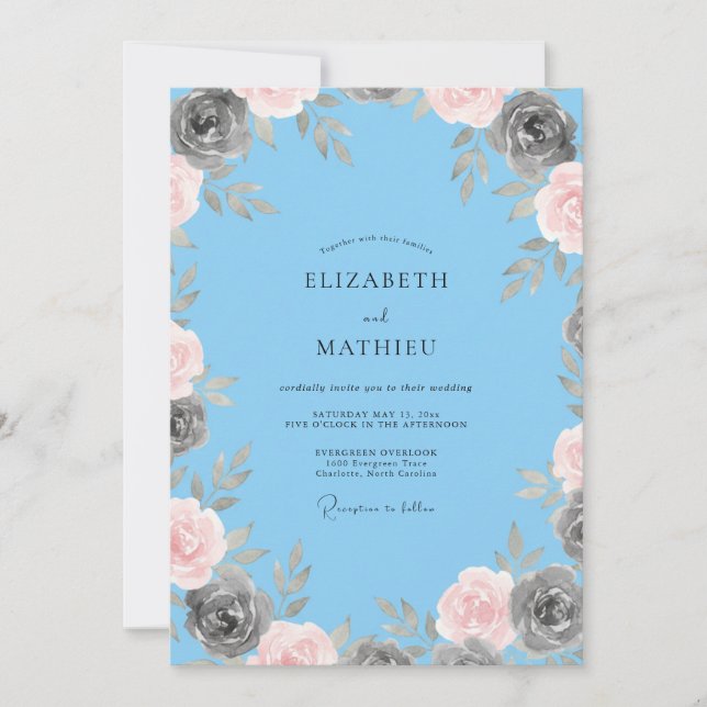 Sky Charcoal Bloom Wedding Invitation (Front)