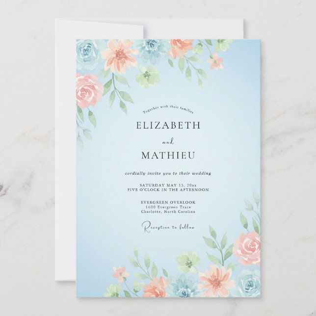 Sky Coral Ranunculus Dusty Eucalyptus Wedding Invitation (Front)