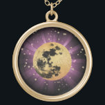 *~* Sky Cosmos Universe Stars Moon Lunar Gold Plated Necklace<br><div class="desc">* Energy Enhanced Lunar Cosmos Celestial Luna Space design GOLD Plated Round Necklace. This is a design of a luscious faux Gold Foil and Black Moon with a soft Pastel PINK burst of reflective healing light on a purple violet background sky. There is an abstract depiction of outer space by...</div>