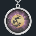 *~* Sky Cosmos Universe Stars Moon Lunar Silver Plated Necklace<br><div class="desc">* Energy Enhanced Lunar Cosmos Celestial Luna Space design Silver Plated Necklace. This is a design of a luscious faux Gold Foil and Black Moon with a soft Pastel PINK burst of reflective healing light on a purple violet background sky. There is an abstract depiction of outer space by using...</div>