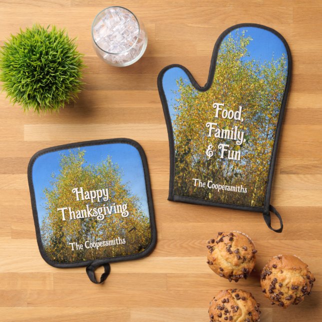 Sky Dancing Autumn Leaves - Personalized Oven Mitt & Pot Holder Set (Top Down)