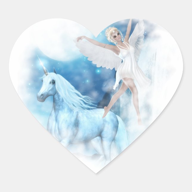 Sky Faerie Asparas and Unicorn Vignette Heart Sticker (Front)
