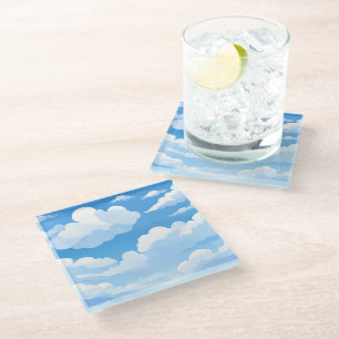 Sky Full of Clouds Watercolor Blue Sky Painting Glass Coaster