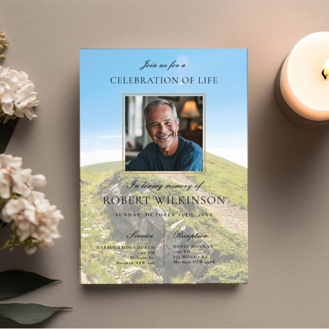 Sky greenery celebration of life Funeral Photo Invitation (Creator Uploaded)