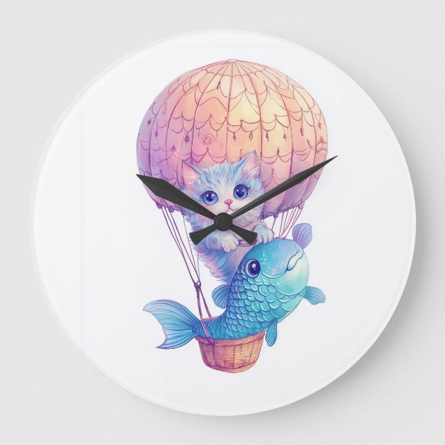 Sky High Kitty � Cute Whimsical Cat Adventure Large Clock (Front)
