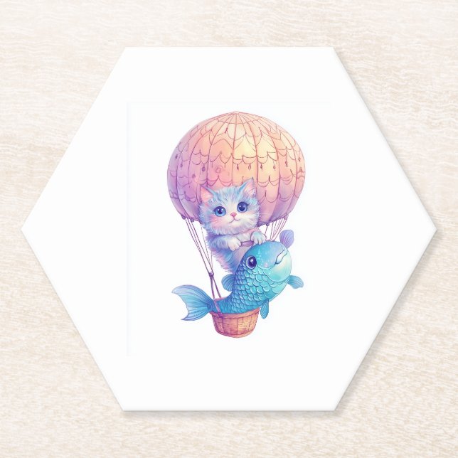 Sky High Kitty � Cute Whimsical Cat Adventure Paper Coaster (Front)