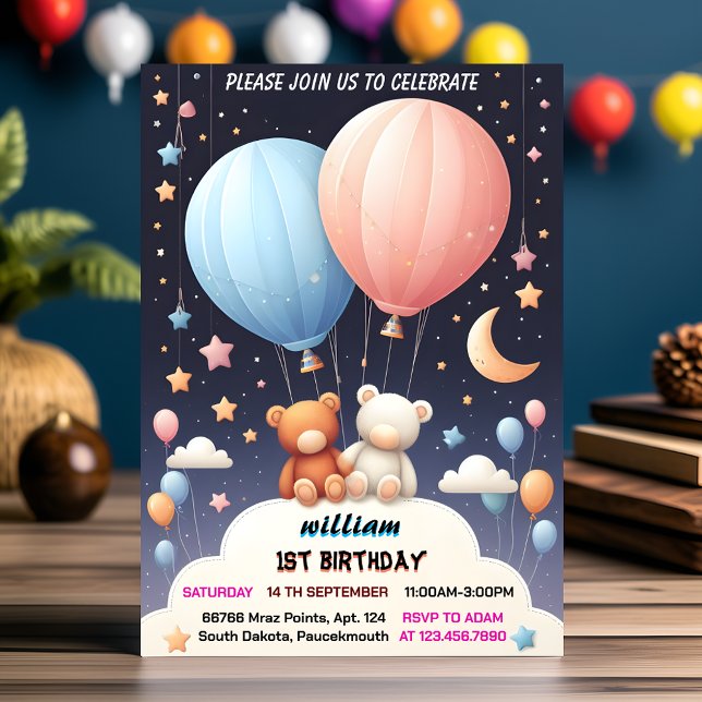 sky joint bear Hot Air Balloon Twins 1st Birthday Invitation (Creator Uploaded)