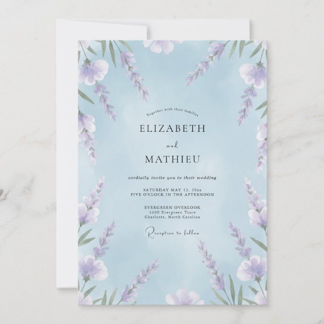 Sky Lilac Sprig Eucalyptus Wedding Invitation (Front)