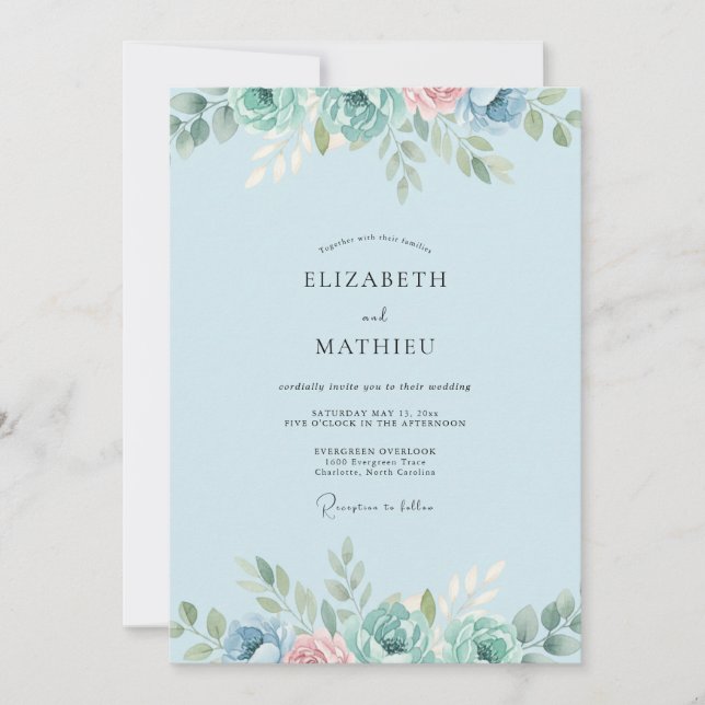 Sky Mint Leafy Wedding Invitation (Front)
