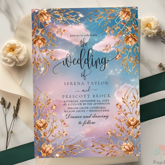 Sky of Love Golden flowers Wedding Invitation (Creator Uploaded)