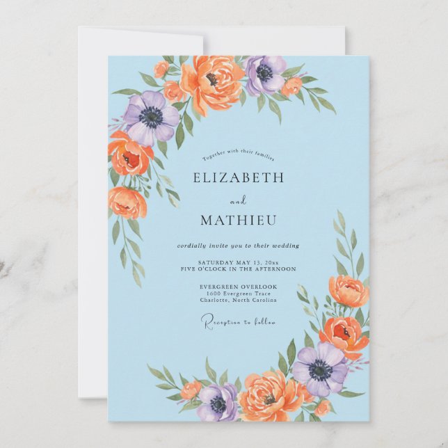 Sky Orange Ranunculus Eucalyptus Wedding Invitation (Front)