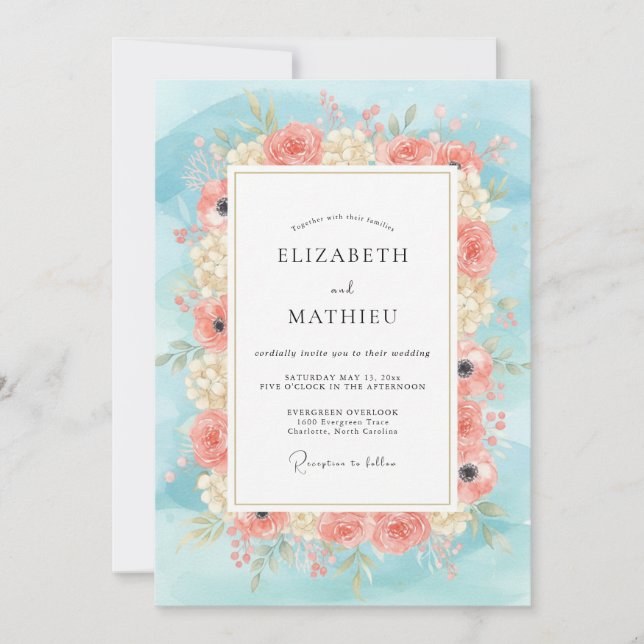 Sky Peach Wildflower Wedding Invitation (Front)