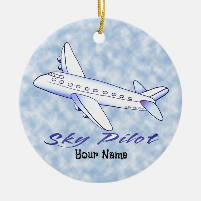 Sky Pilot Blue Aeroplane  Ceramic Tree Decoration (Front)