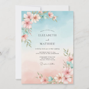 Sky Pink Hibiscus Eucalyptus Wedding Invitation