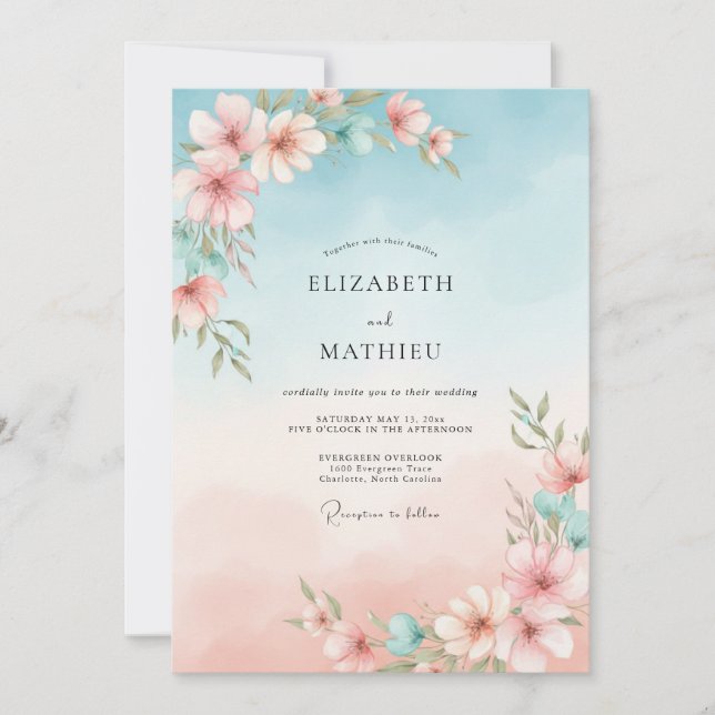 Sky Pink Hibiscus Eucalyptus Wedding Invitation (Front)