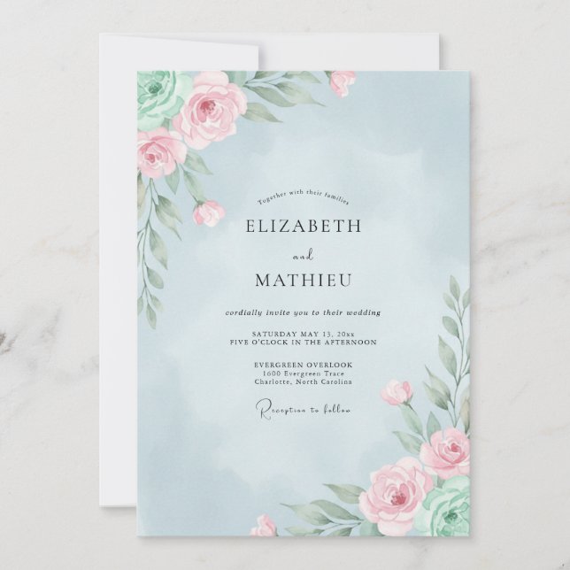 Sky Pink Ranunculus Eucalyptus Wedding Invitation (Front)