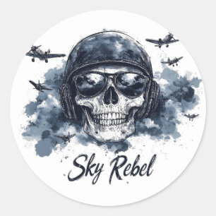 Sky Rebel Skull with Pilot Helmet and Sunglasses Classic Round Sticker