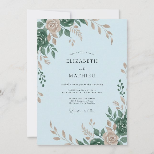 Sky Rose Leafy Wedding Invitation (Front)