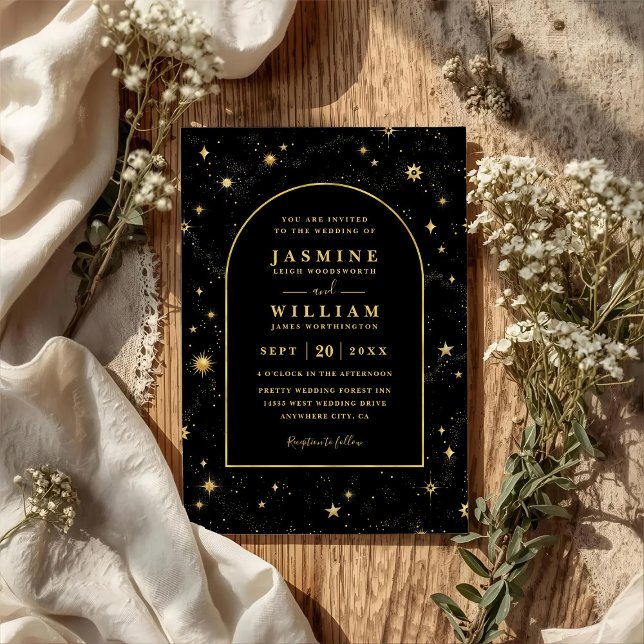 Sky Stars Celestial Mystical Black QR Code Wedding Invitation (Creator Uploaded)