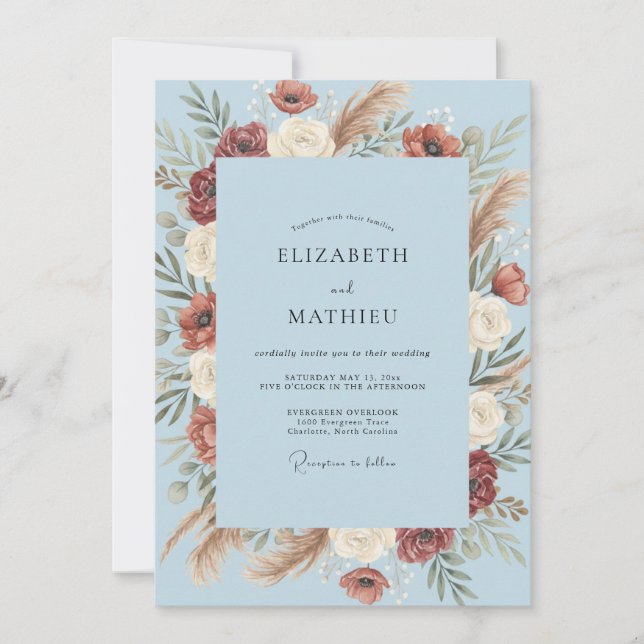 Sky Terracotta Pampas Eucalyptus Wedding Invitation (Front)