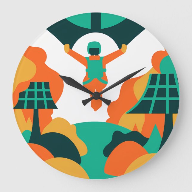 Skydiver Descending Over Solar Powered Landscape Large Clock (Front)
