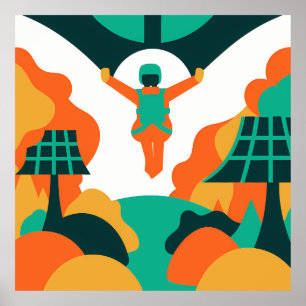 Skydiver Descending Over Solar Powered Landscape Poster