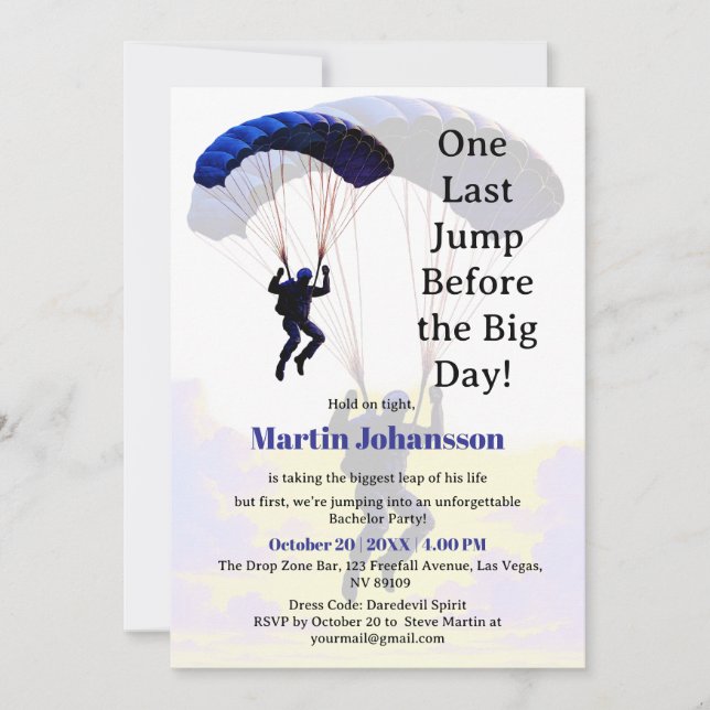 Skydiving Bachelor Party Funny Adventure Theme Invitation (Front)