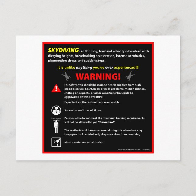 SKYDIVING Theme Park Warning Sign Postcard (Front)