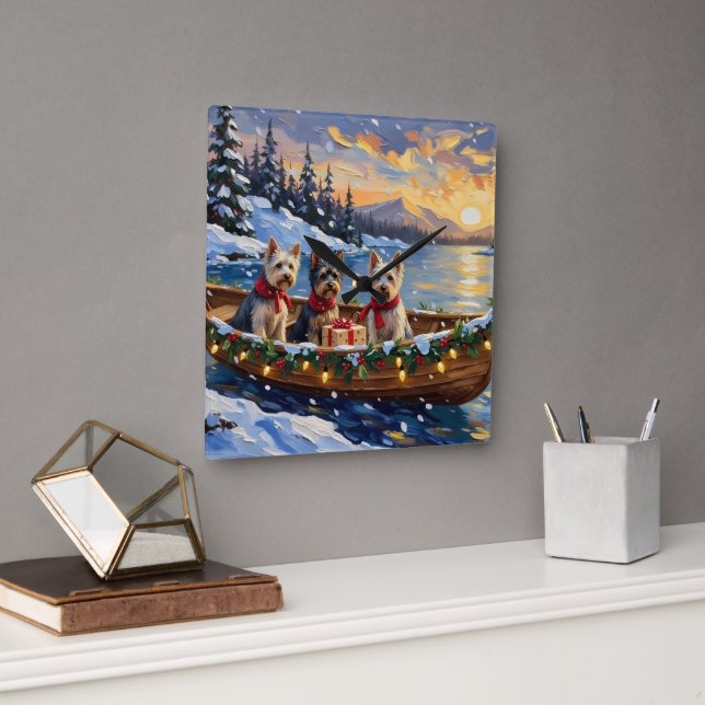 Skye Terrier Christmas Boat Holiday Square Wall Clock (Office)