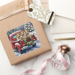 Skye Terrier Christmas Red Truck Holiday Square Sticker