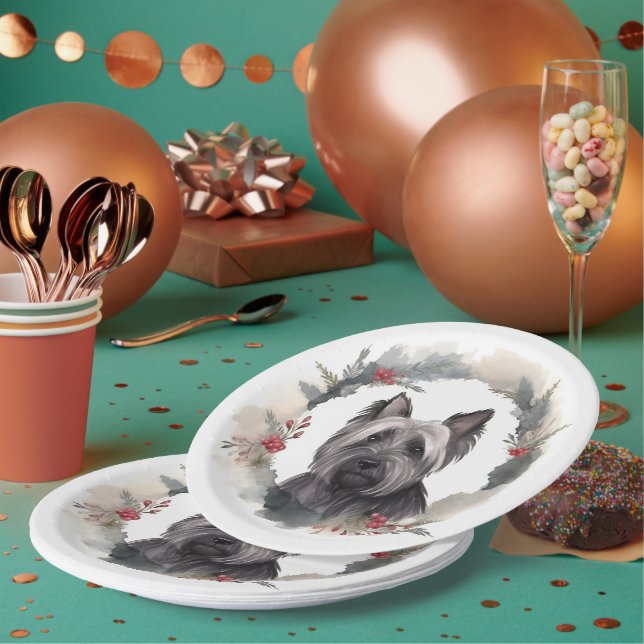 Skye Terrier Christmas Wreath Festive Pup Paper Plate (Multi)