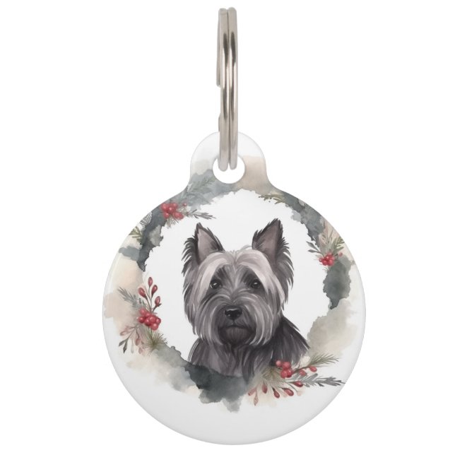 Skye Terrier Christmas Wreath Festive Pup Pet Tag (Front)