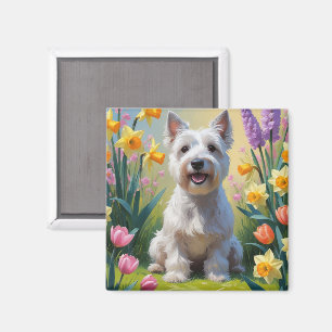 Skye Terrier Dog Spring Flowers Painting Magnet