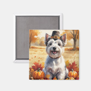 Skye Terrier In Autumn Leaves Thanksgiving Art Magnet