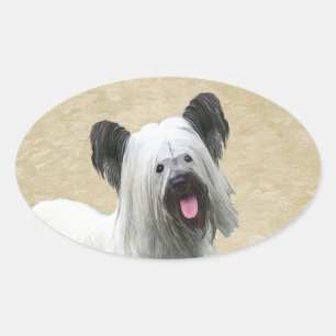 Skye Terrier Painting - Cute Original Dog Art Oval Sticker