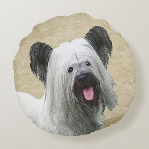 Skye Terrier Painting - Cute Original Dog Art Round Cushion