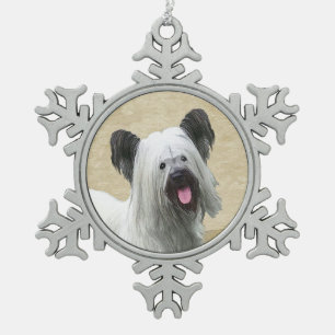 Skye Terrier Painting - Cute Original Dog Art Snowflake Pewter Christmas Ornament